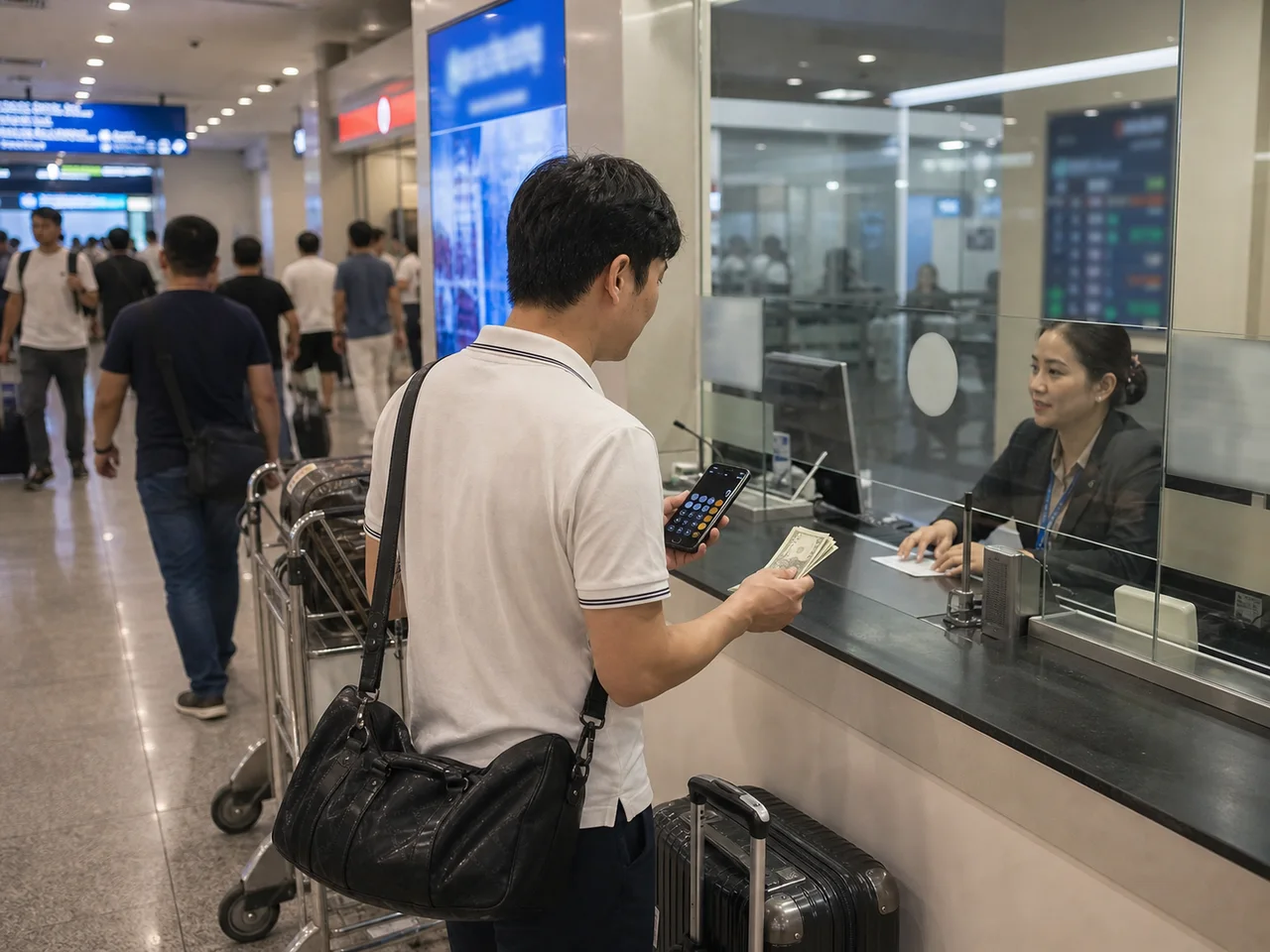 NAIA 공식 환전소에서 환율표를 확인하는 여행객