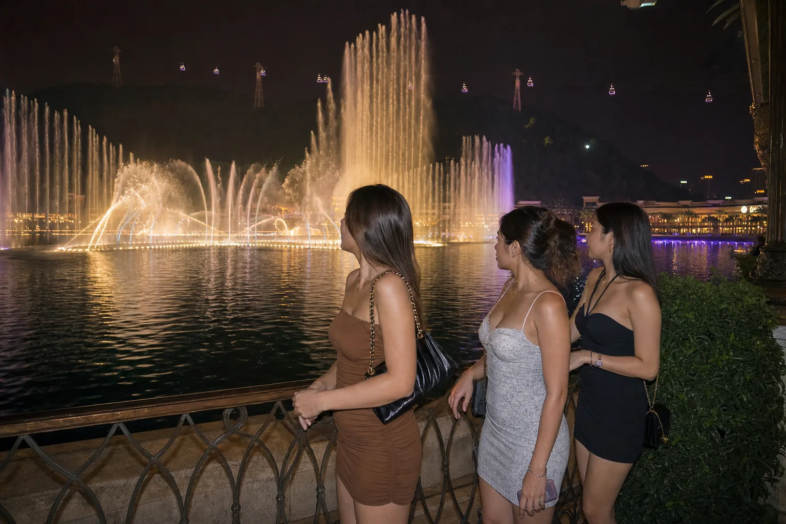Okada fountain night view with adult travelers