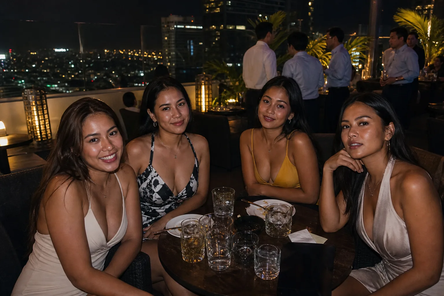 Rooftop lounge group with Filipina nightlife guests