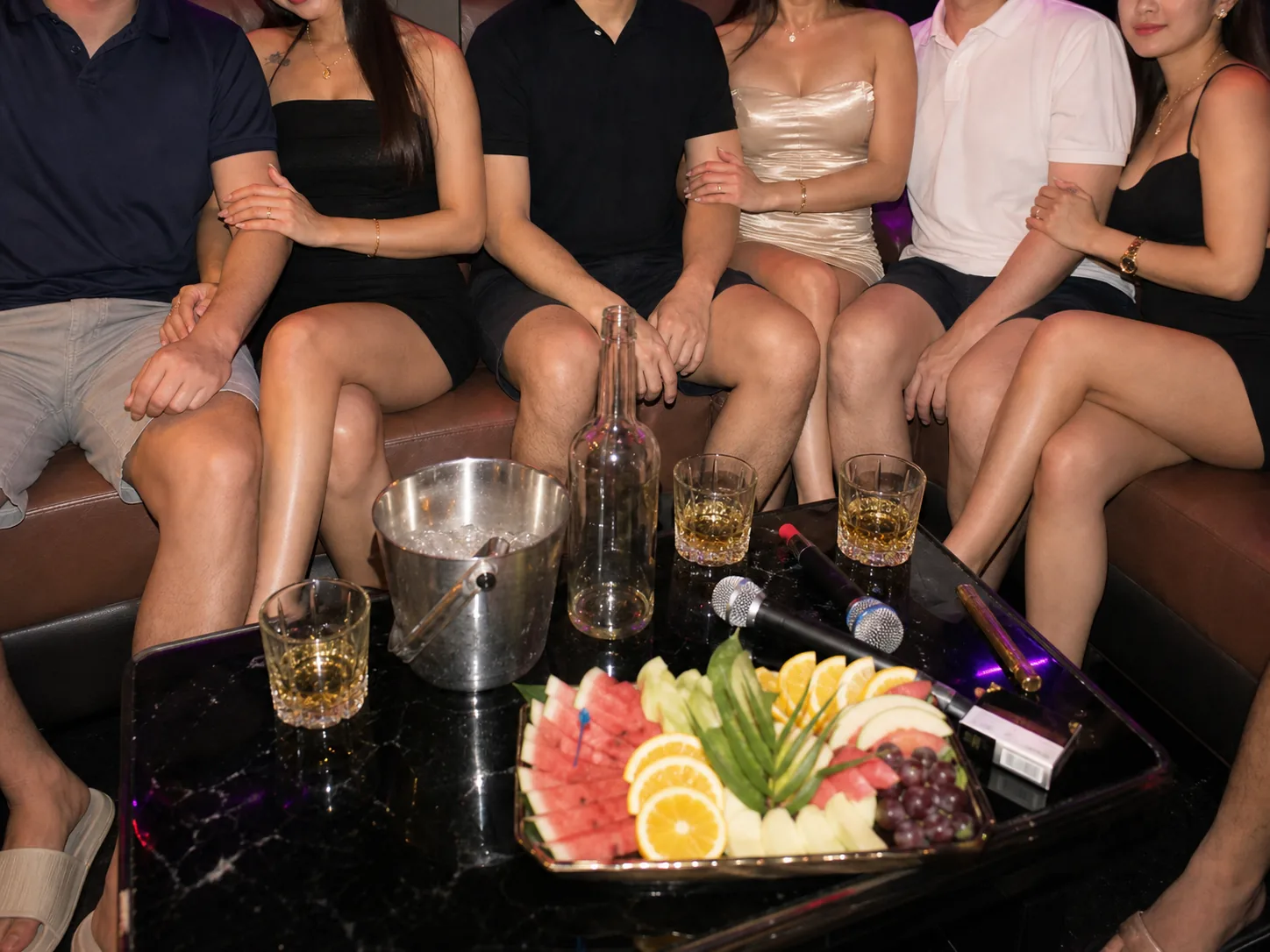KTV paired group table with fruit plate and microphones