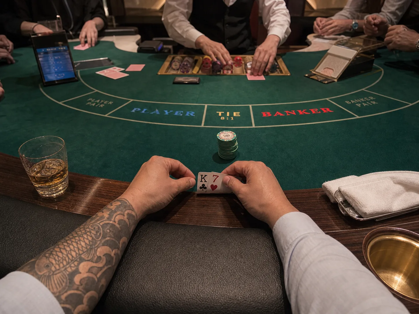 Baccarat tattooed forearm card squeeze at a green felt table