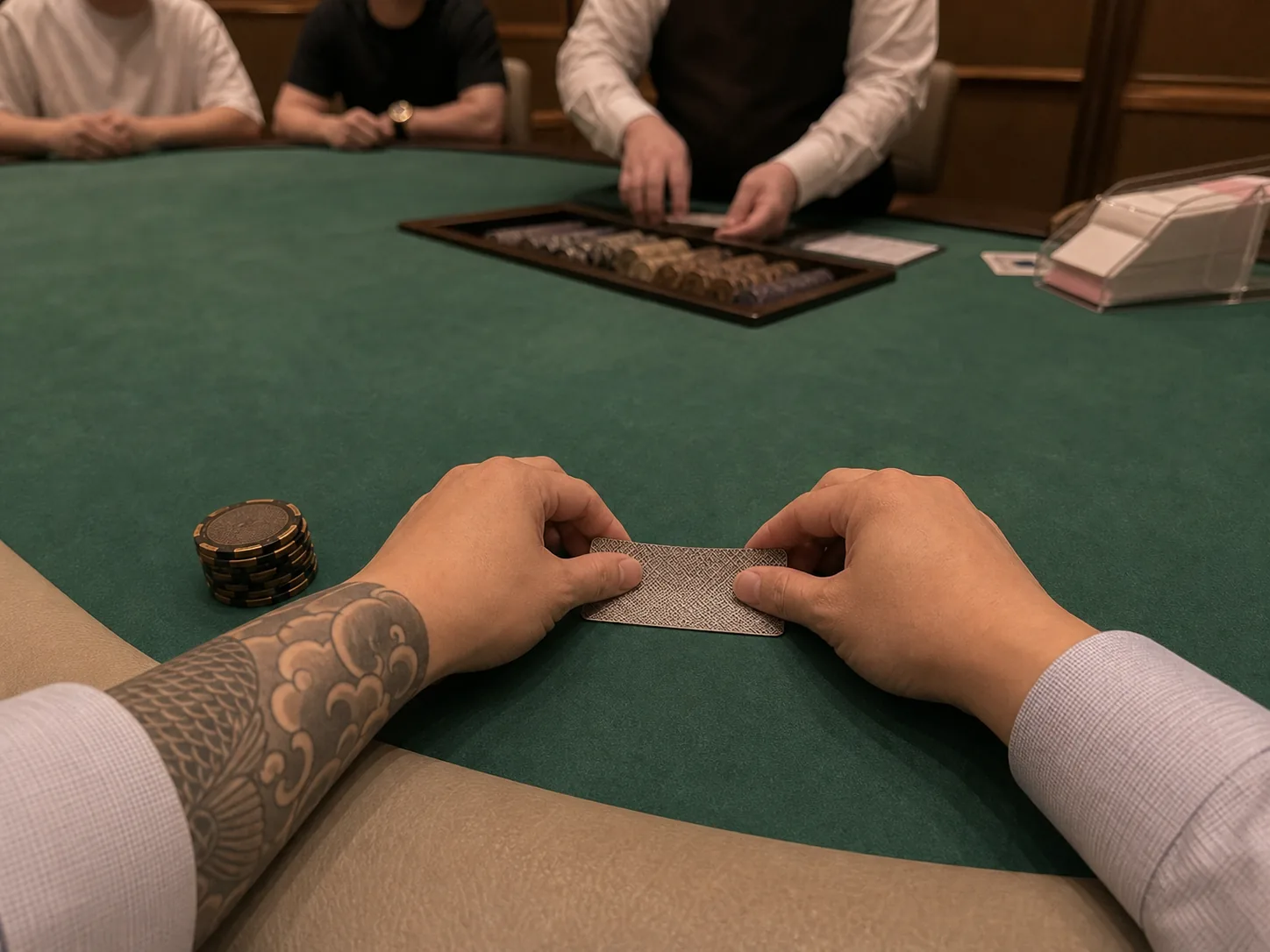 Baccarat tattooed forearm POV before card reveal