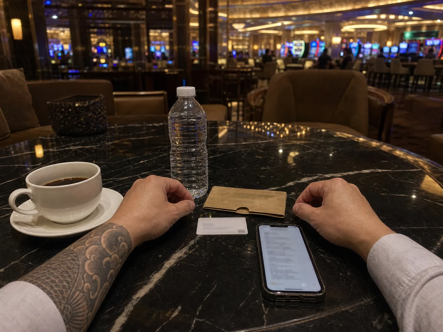 Baccarat break at casino lounge with tattooed forearm and notes